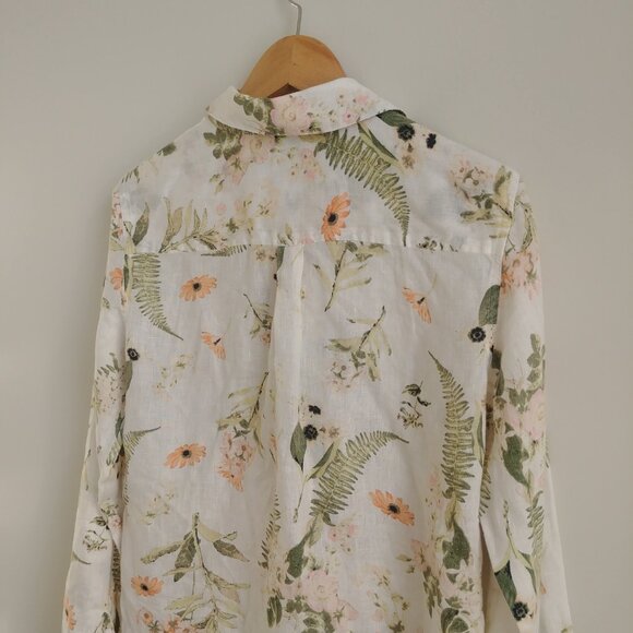 Lord + Taylor 100% linen off white cream button down shirt blouse floral Small - Picture 6 of 16
